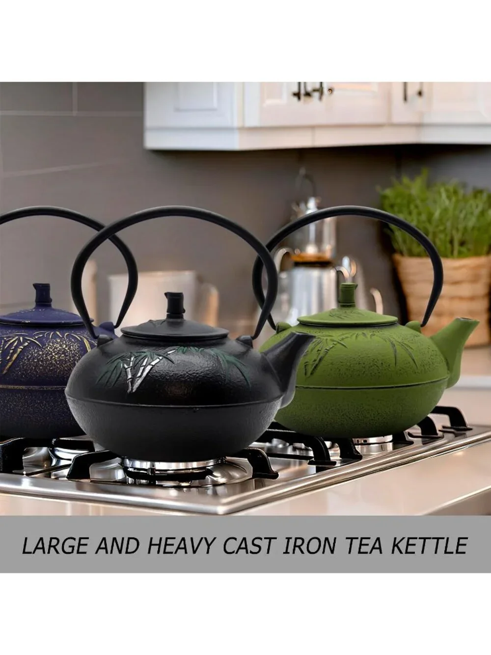 Green Cast Iron Kitchen Japanese Tea Pot 84.6oz 2500ml Stovetop Bamboo Infuser